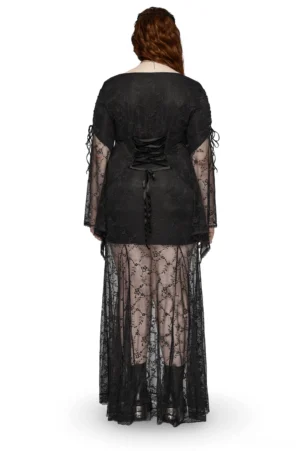 Gothic black lace dress back view showcasing corset lace-up closure with metal eyelets and floral lace texture on full skirt