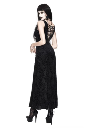 Back view of black and purple gothic lace dress displaying crisscross lace-up closure and dramatic silhouette