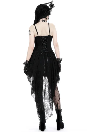 Gothic lace high-low dress with lace-up corset back and sheer lace train, rear view on model