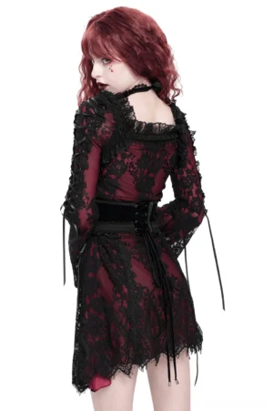 Gothic lace mini dress back view showing open back design with hanging decorative straps and corset-inspired belt structure