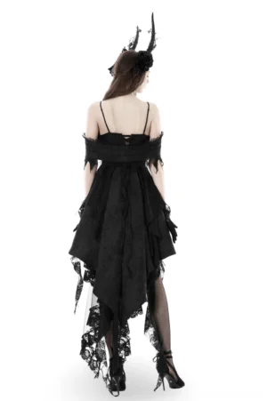 Gothic black lace evening dress back view showing open back design with lace-up closure and tattered asymmetrical trailing hem