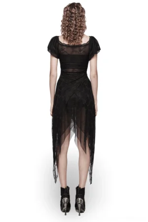 Black lace gothic dress back view - sheer lace panel with irregular pointed hem and corset-waist detailing