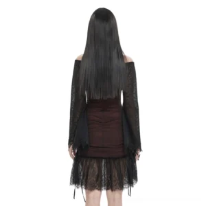 Black lace flared sleeves and ruffled hem detail of wine red gothic dress, rear view showing center back zipper