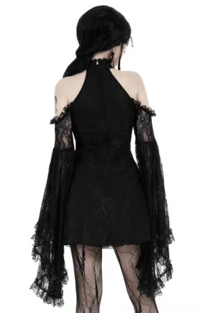 Black gothic lace off-shoulder dress with bell sleeves - back full-body view showcasing sheer lace design