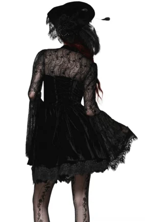 Black gothic dress with corset lace-up back and flared lace sleeves - back full view