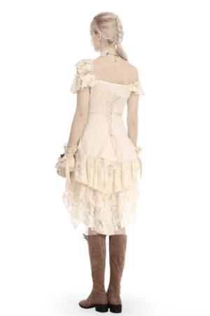 Gothic lace dress back view showing lace-up corset closure and asymmetric layered ruffled skirt from behind