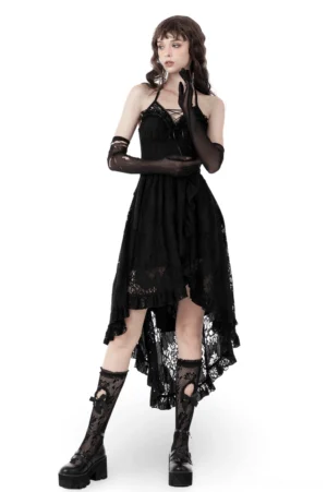 Black lace high-low gothic dress front view on model with matching lace gloves and fishnet stockings