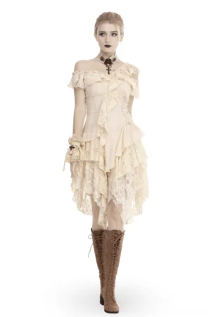 Off-shoulder gothic lace dress with layered ruffles front view on model wearing cream embroidered mesh alternative fashion