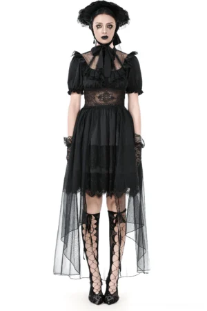 Victorian gothic high-low lace dress with puff sleeves front view on model