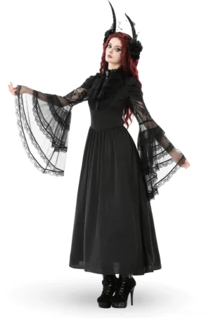 Side three-quarter view of black gothic lace dress showing sheer flared bell sleeves and floor-length A-line skirt with flowing movement
