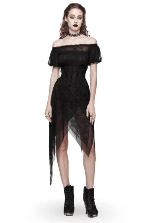 Black lace off-shoulder gothic dress with spike collar - front view on model with curly hair, showing delicate floral lace overlay, puff sleeves, and asymmetric handkerchief hem