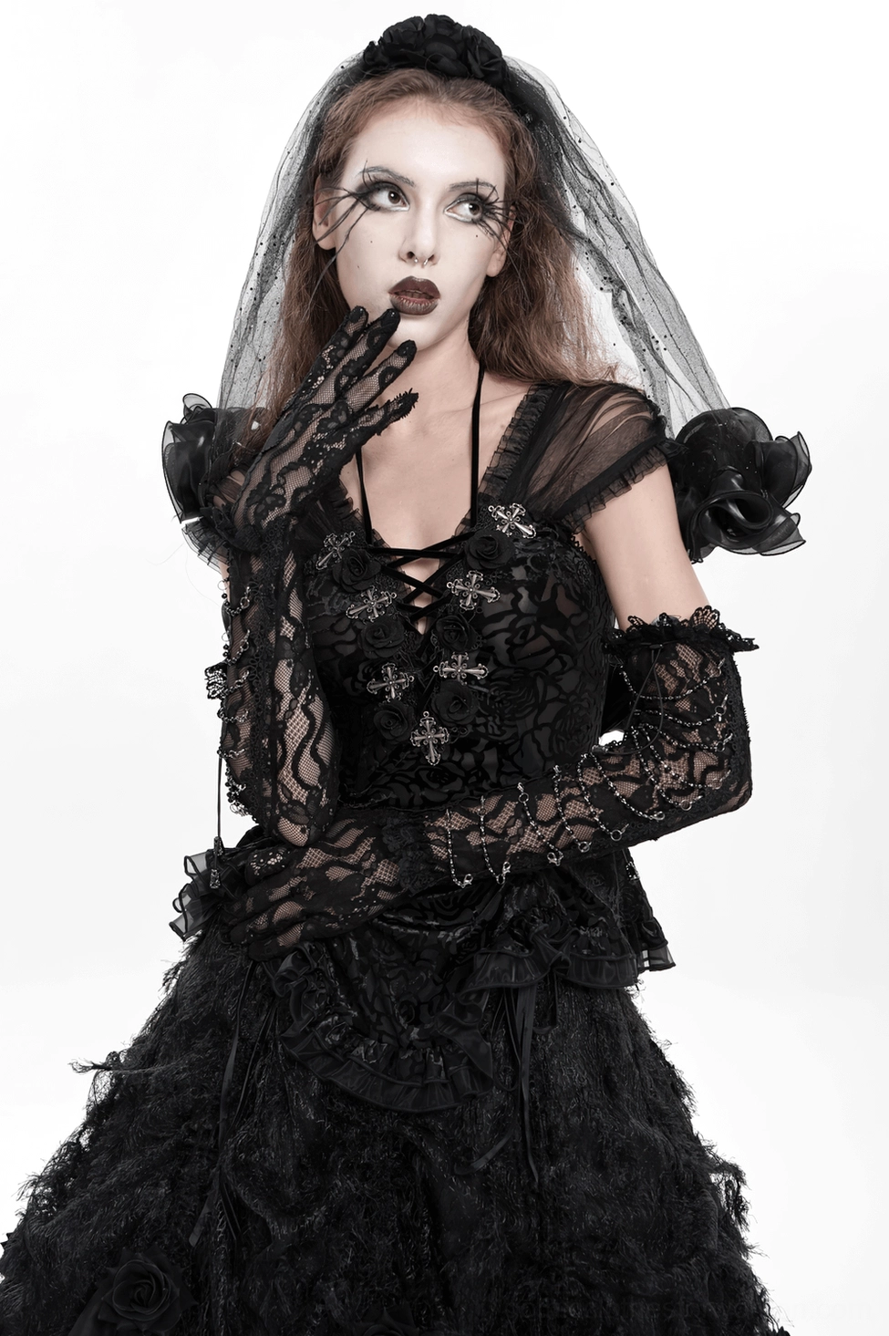 Lace fingerless gothic gloves styled with goth fashion, demonstrating alternative wear