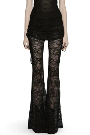 Women's black lace flare pants with extended ruched skirt overlay - front full-body model wearing showing dramatic layered silhouette and draped waist design