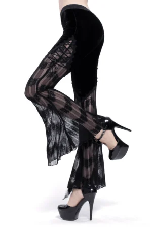 Gothic mesh flared trousers with sheer lace legs rear side view on model wearing platform heels