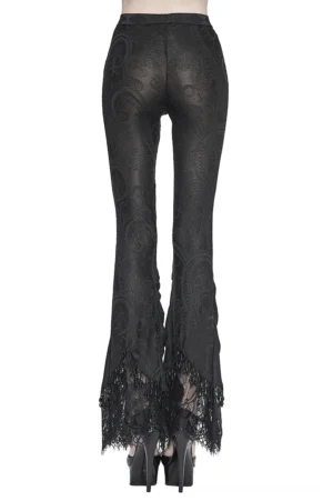Black lace flared gothic trousers rear view on model, displaying ruffled lace tassel hem and sheer fabric details