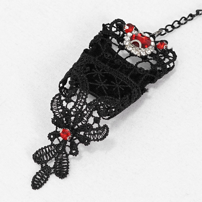Gothic lace hand glove with gem decoration featuring heart-shaped red rhinestone and metal chain accents