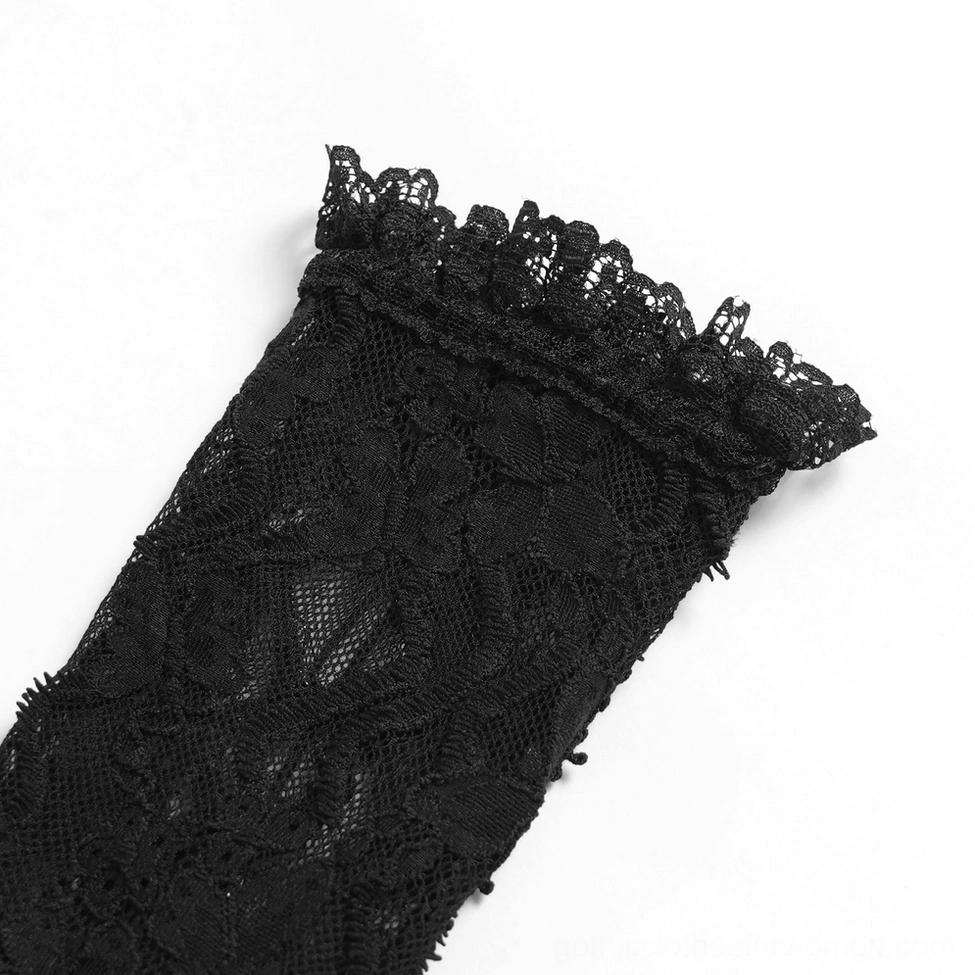 Black lace fingerless glove half view with plain ruffled lace cuff without extra chain details