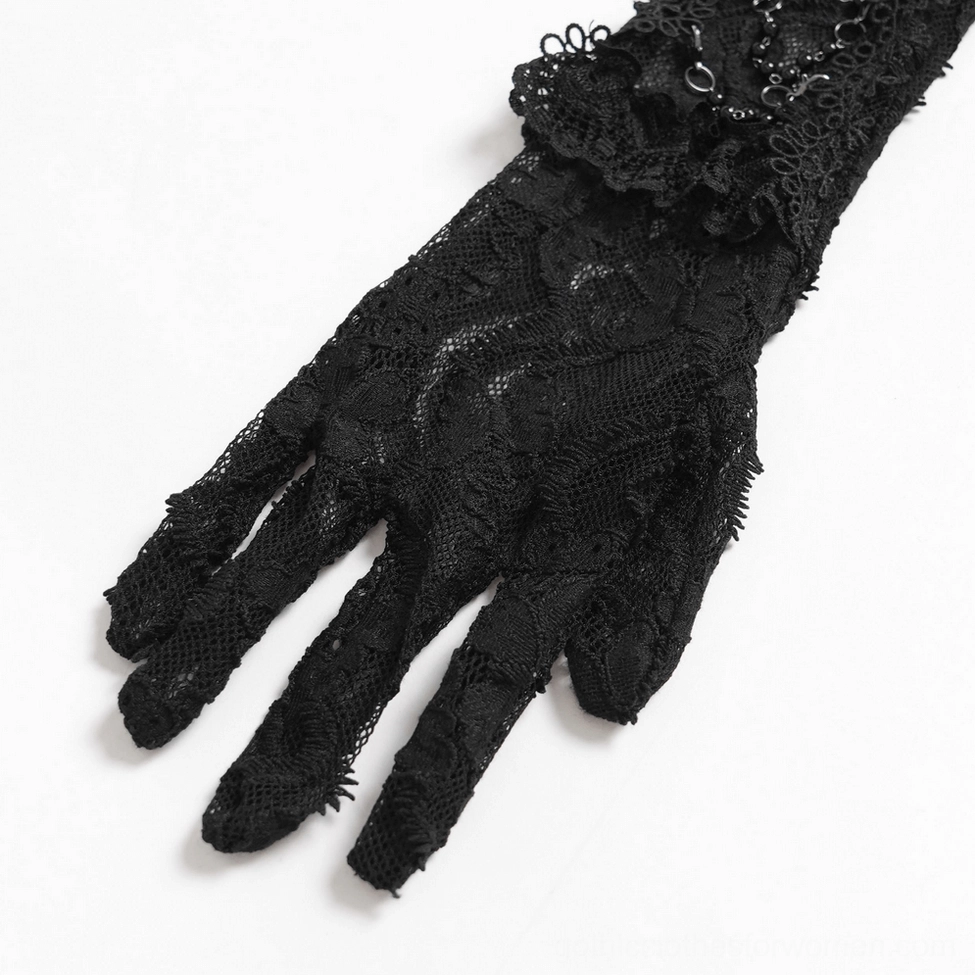 Single black lace fingerless glove with floral design and wrist flower decoration, top-down view