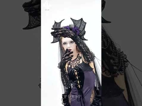 Gothic gloves with bat-style headdress and purple flower embellishments, complete dark aesthetic look
