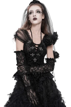 Gothic black lace long gloves paired with goth wedding dress and veil, front close-up demonstrating styling
