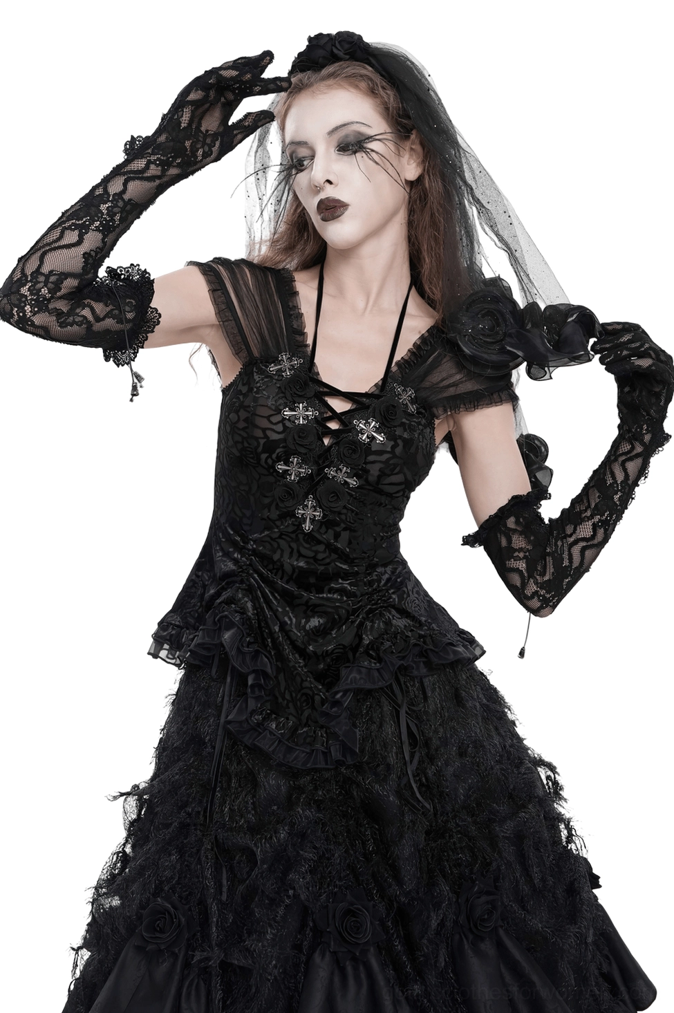 Black lace fingerless gothic gloves with chain details worn by female model, side profile view showcasing ruffled cuffs