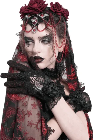 Victorian lace gloves with black roses and ruffled cuff worn by gothic model with rose headdress and veil
