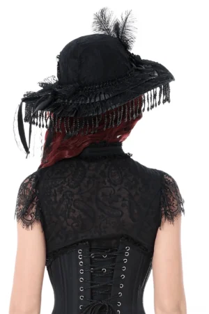 Black gothic lace hat with layered ruffles and beaded veil fringe - back view showing corset-inspired lace detail