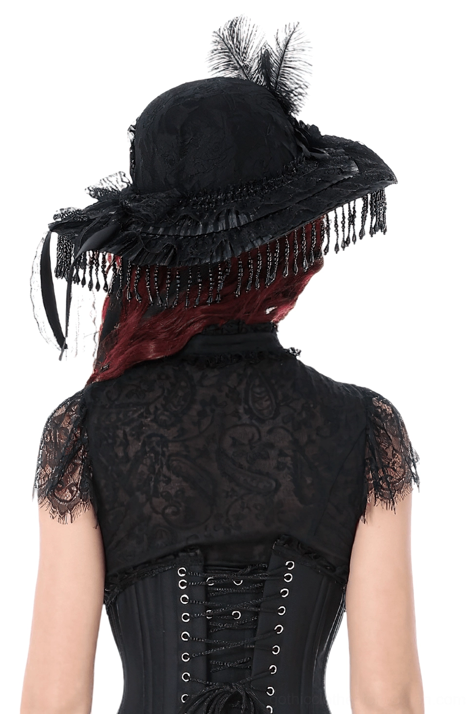 Black gothic lace hat with layered ruffles and beaded veil fringe - back view showing corset-inspired lace detail