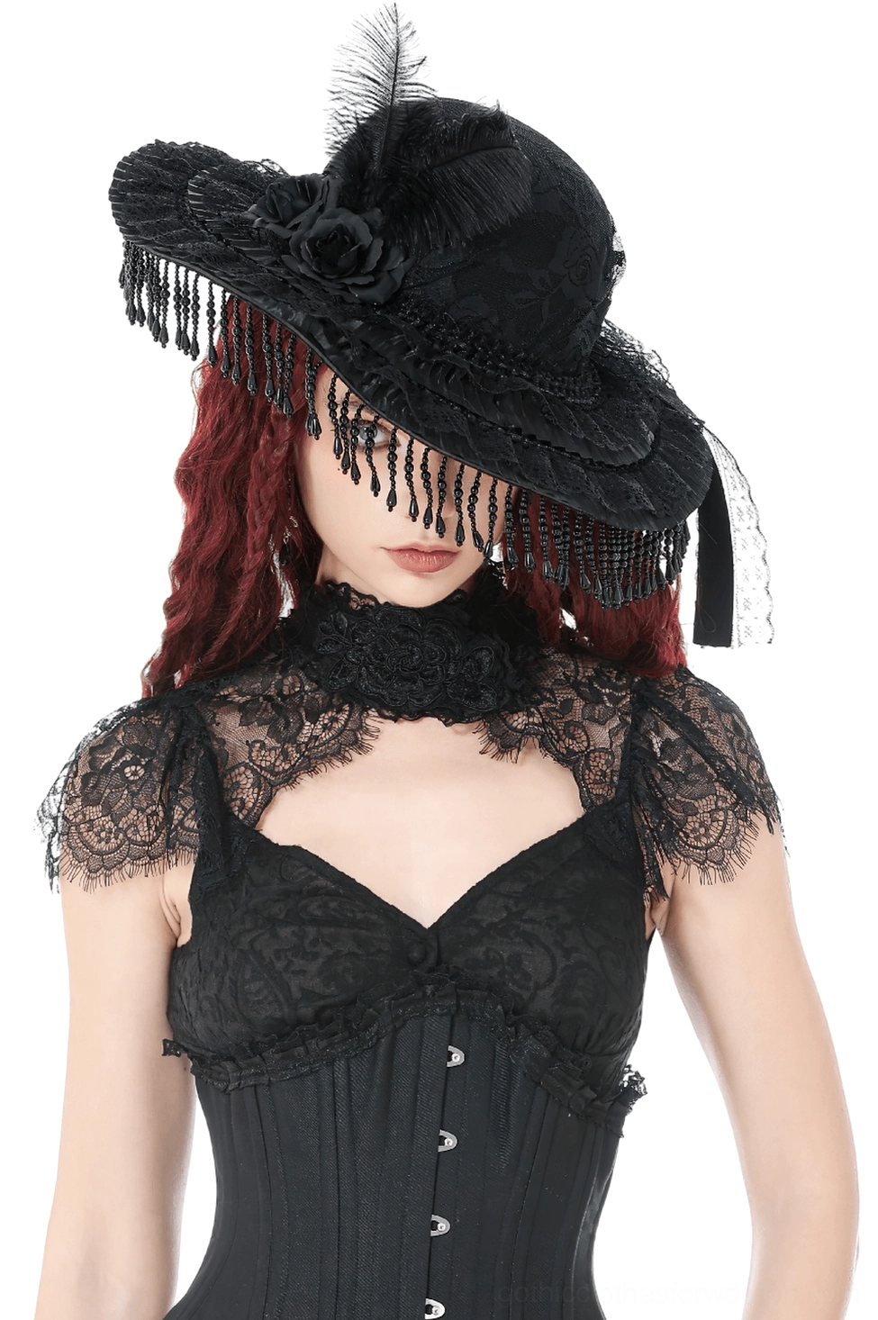 Victorian gothic black lace hat with beaded fringe and feather rose accent - front three-quarter view on model with red hair