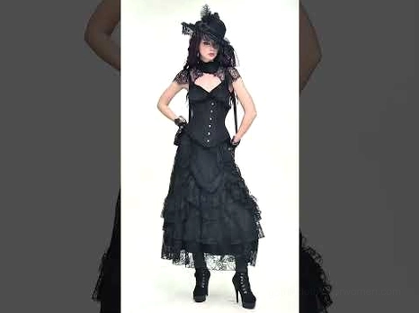 Gothic hat and dress set with ruffled lace skirt, high heel boots - complete Victorian alternative fashion outfit