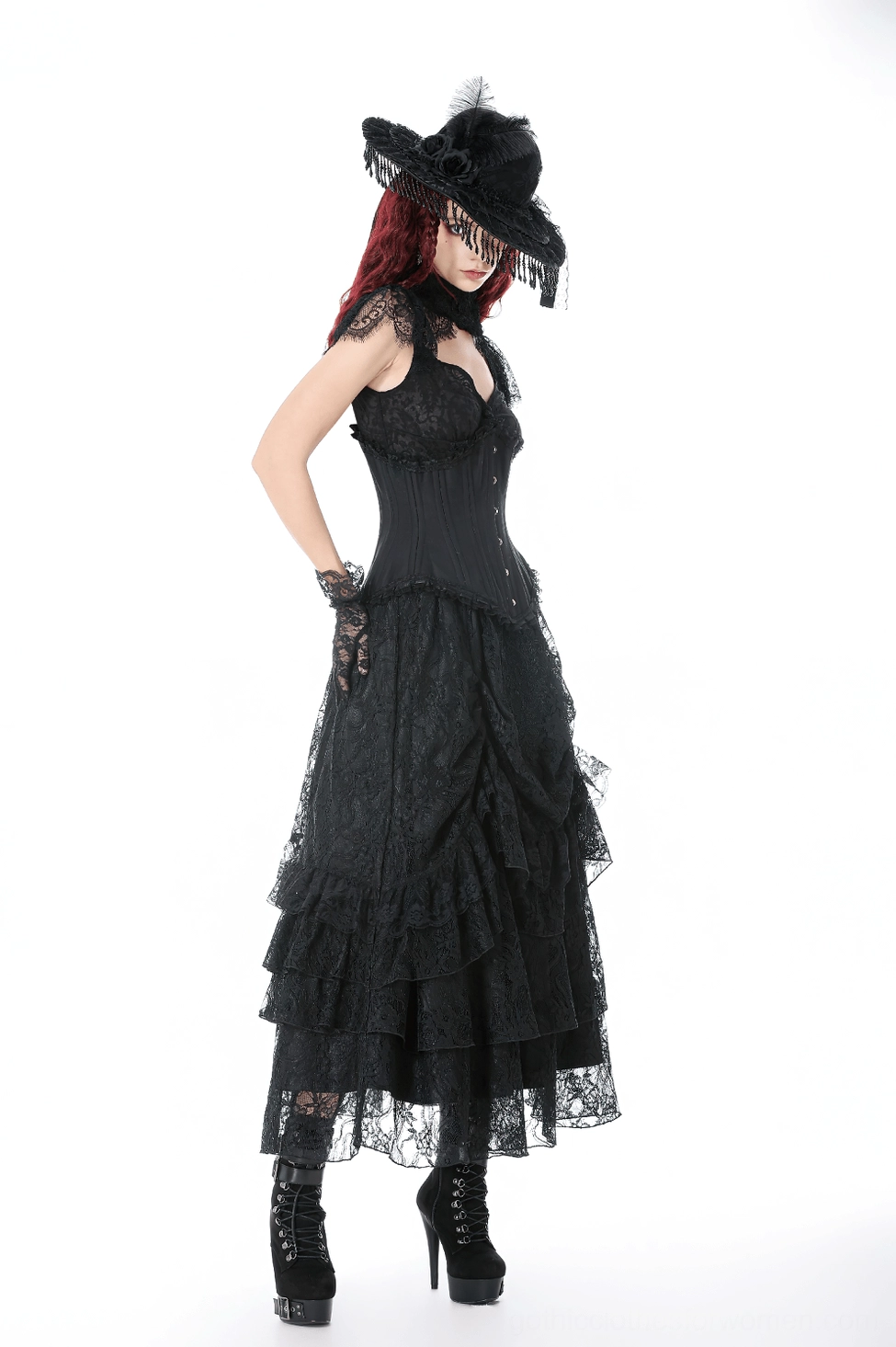 Gothic lace hat with feather and velvet rose accent - elegant alternative fashion headwear for events