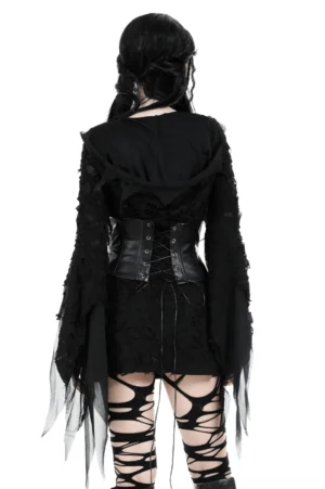 Gothic lace ripped hoodie back view - corset belt waist detail and tattered sleeve hems