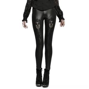 Front full-body view of high-waist black gothic lace leggings with hollow-out thigh details, worn with lace top and platform boots
