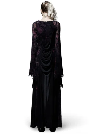 Purple gothic lace maxi dress back view on model, gathered cowl drape, floor-length skirt with sheer mesh, bell sleeves