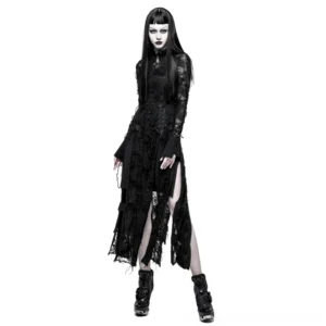 Black sheer lace gothic maxi dress front three-quarter view showing high stand collar, flared long sleeves, and distressed hem on fashion model