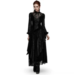 Victorian gothic lace maxi dress with corset back - front view on model showcasing layered asymmetrical skirt and fitted silhouette
