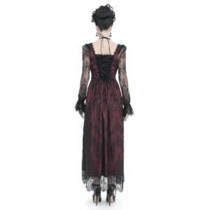 Gothic lace maxi party dress with lace-up back panel, sheer long lace sleeves, and lace-trimmed hem, rear view