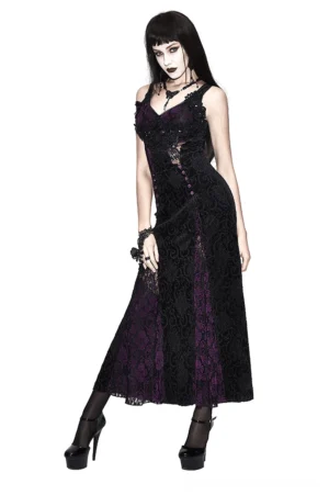 Black and purple gothic lace maxi dress worn by model showing full front view with side slit and purple inner lining
