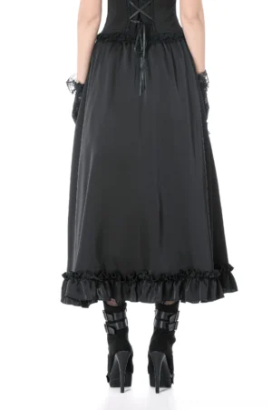 Black gothic maxi skirt rear back view showing drawstring corset waist detail and dramatic ruffled hem