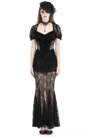 Black gothic lace mermaid dress with velvet corset bodice, puff sleeves, and embossed rose floral details, front full-body view on model