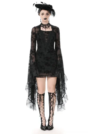 Black floral lace gothic mini dress front full-body view with bell sleeves and square neckline