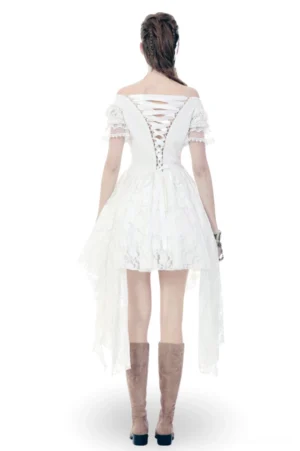 Back view of gothic asymmetrical lace dress featuring lace-up ribbon closure and dramatic long hem train