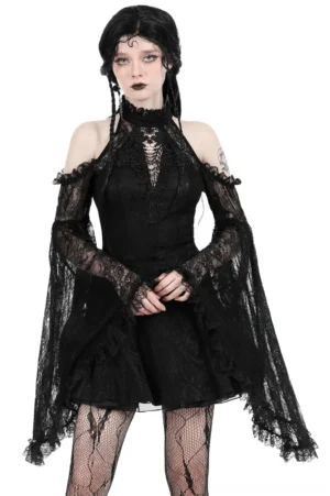 Black lace off-shoulder gothic dress with bell sleeves - front full-body view on model