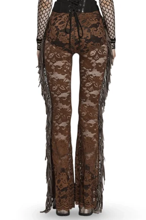 Gothic lace flare pants with high waist drawstring design and decorative fringe, styled with corset accessories and sheer fabric details