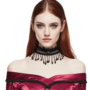 Black lace gothic pearl tassel choker with faceted gemstone centerpiece, modeled on redhead with studio background