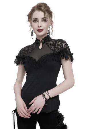 Black gothic lace raglan v-neck slim fit t-shirt front view on model with vintage styling