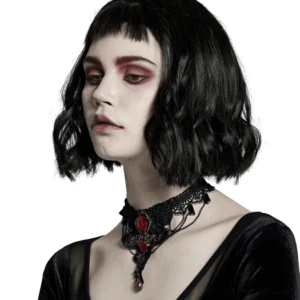 Black lace ruby choker necklace side profile showing metal chain details and red gem accents