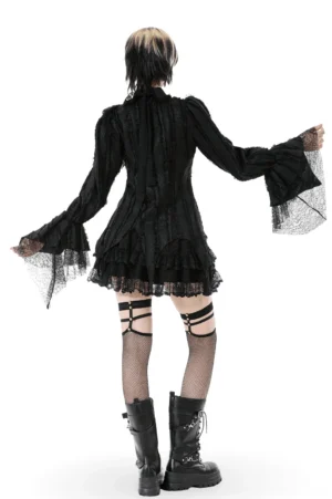 Black gothic lace ruffle blouse back view on model, showcasing layered ruffle back panel and long lace-trimmed sleeves