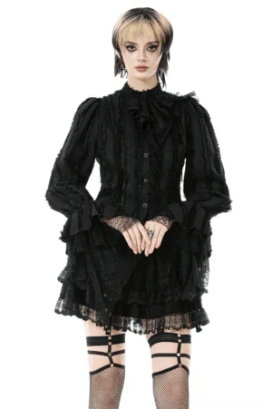 Black Victorian gothic lace ruffle blouse front view on model, featuring ruffled stand collar, lace cuff details, and pointed irregular hemline