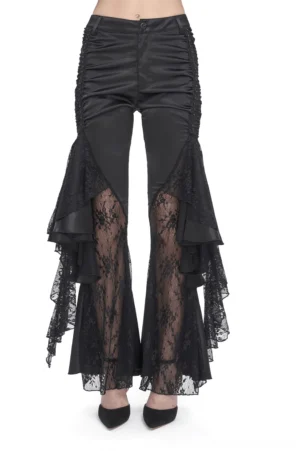 Black gothic lace ruffle flared trousers front view cropped display